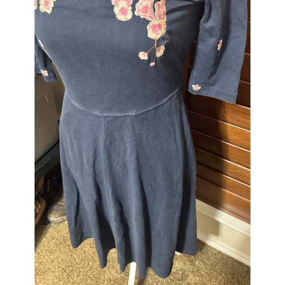 eShakti Navy blue Embroidered Dress Size 0 XS Fit & Flare cotton stretch - Picture 3 of 7